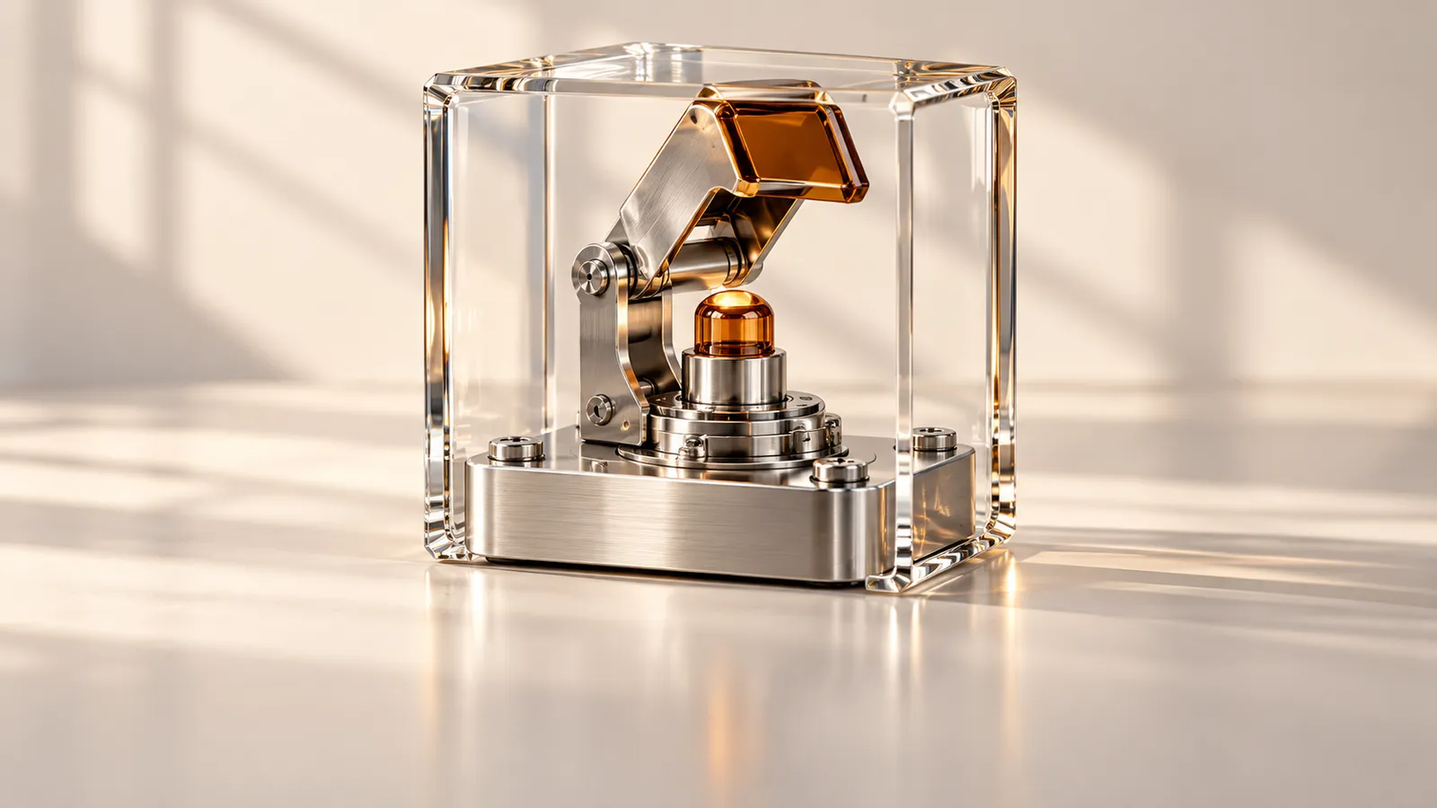A guarded silver switch inside a clear glass enclosure with a separate mechanical interlock and a muted amber accent.