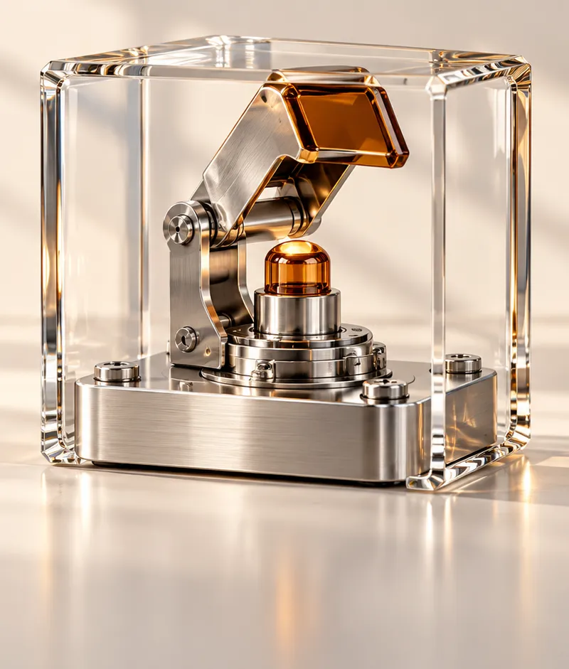 A guarded silver switch inside a clear glass enclosure with a separate mechanical interlock and a muted amber accent.