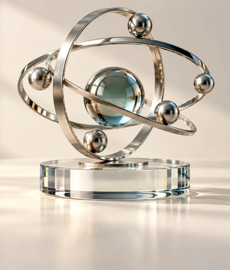 Silver orbital rings and small spheres around muted petrol glass on a clear plinth, an editorial illustration of interdependent market participants.