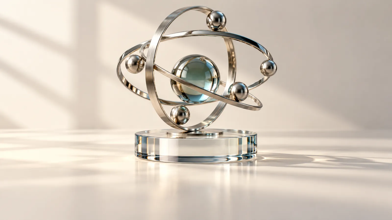 Silver orbital rings and small spheres around muted petrol glass on a clear plinth, an editorial illustration of interdependent market participants.