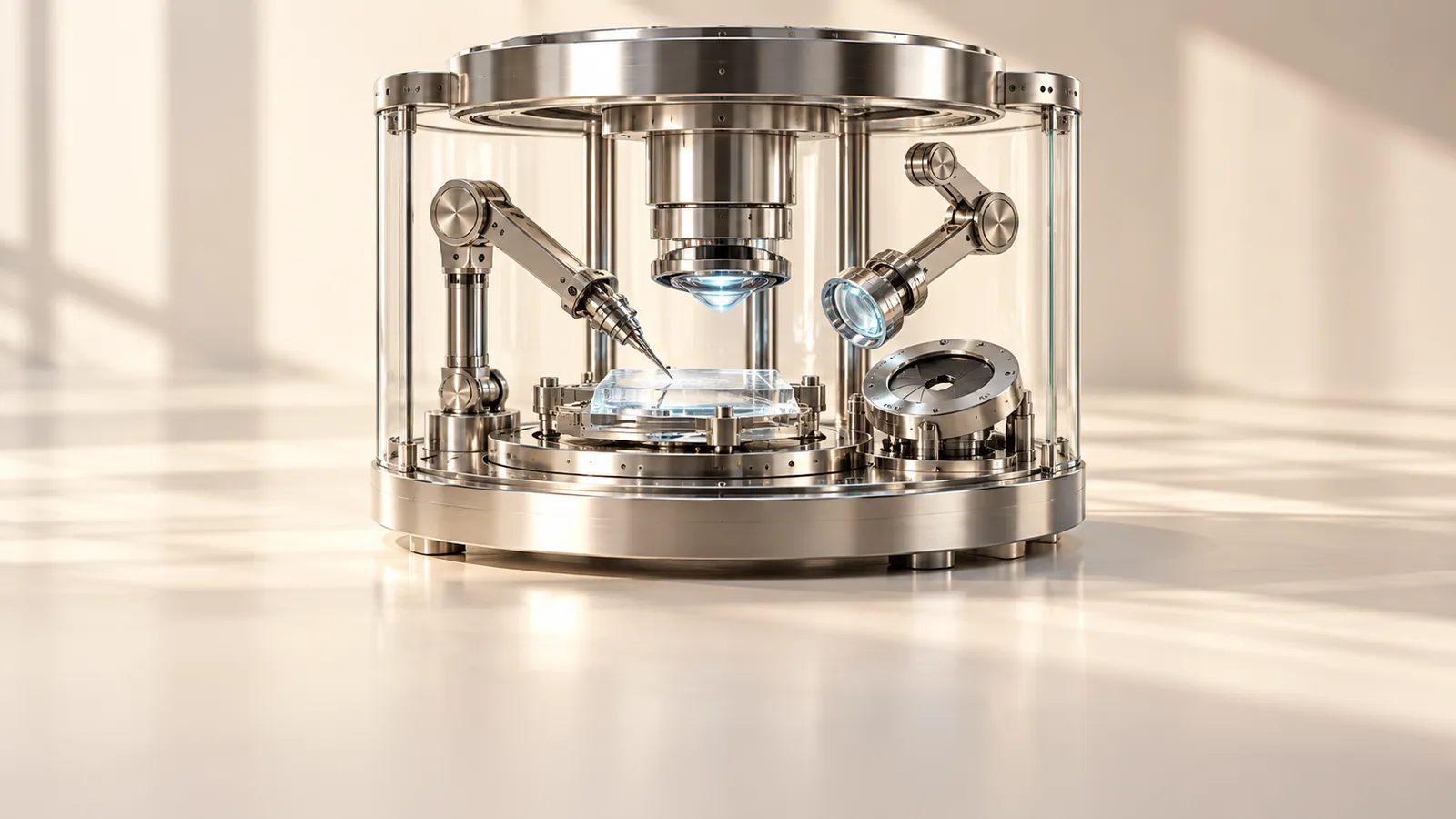 A silver optical instrument with articulated tool arms and a separate aperture checkpoint, with a cool steel-blue glass accent.