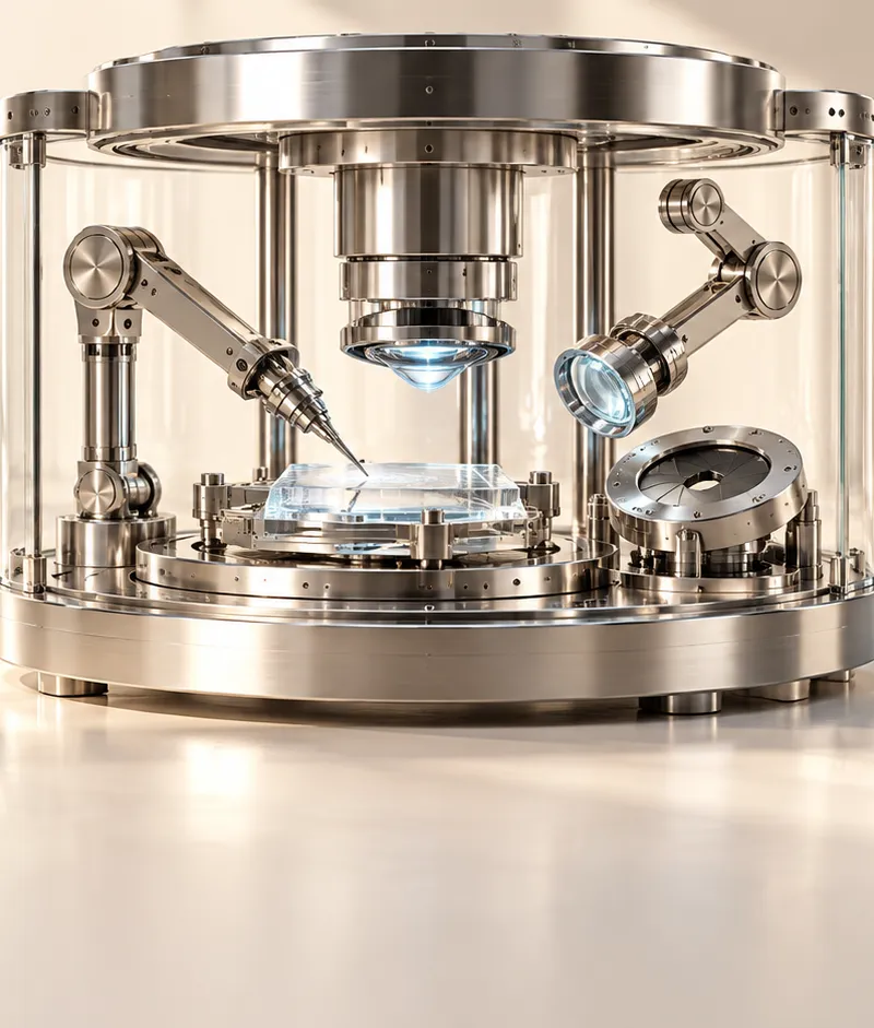 A silver optical instrument with articulated tool arms and a separate aperture checkpoint, with a cool steel-blue glass accent.
