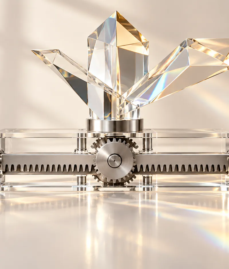 A branching champagne glass prism above a silver geared rail, illustrating inference and explicit rules as separate components.