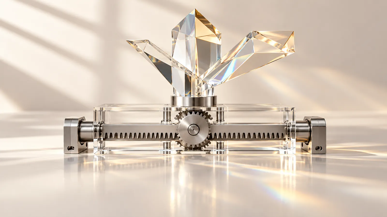 A branching champagne glass prism above a silver geared rail, illustrating inference and explicit rules as separate components.