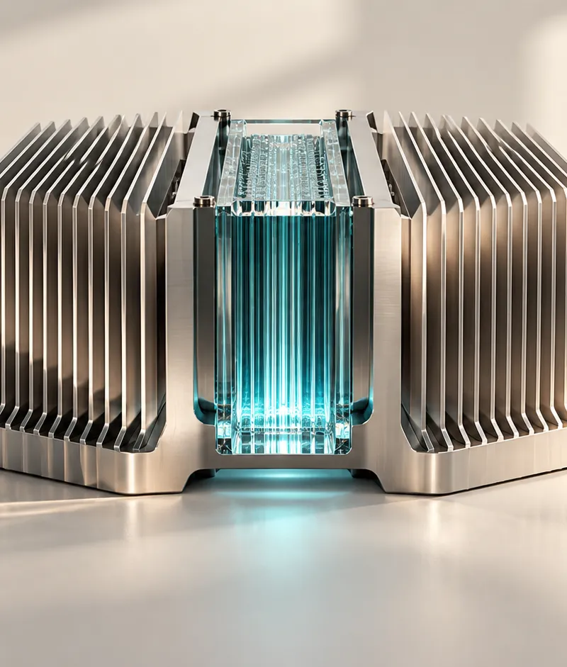 A sculptural silver heat sink with parallel fins around one narrow cyan glass compute channel.
