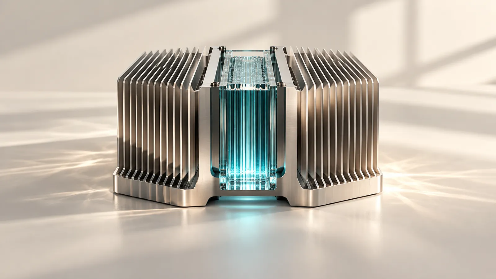 A sculptural silver heat sink with parallel fins around one narrow cyan glass compute channel.