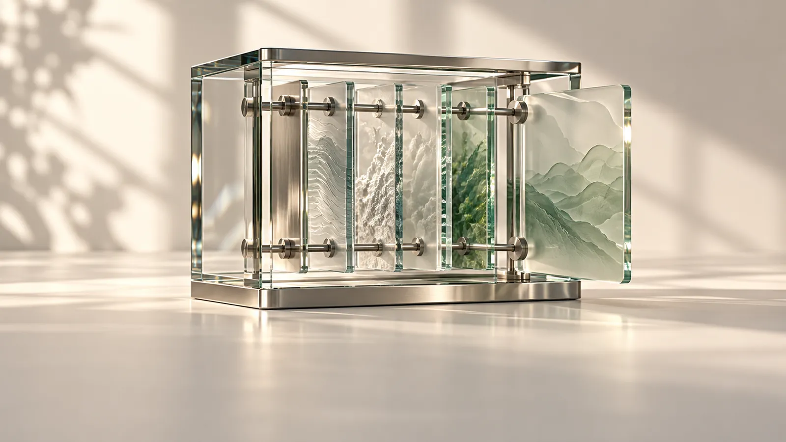 A silver archive frame holding layered glass plates with soft sage edges, one plate slid forward to suggest versioned memory.