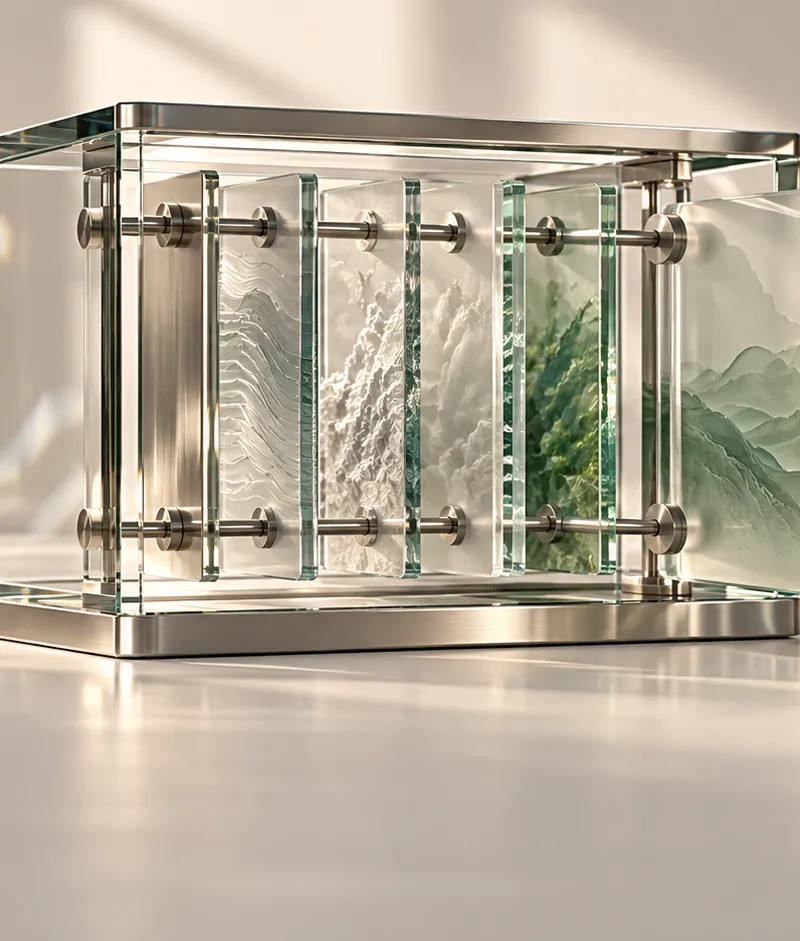 A silver archive frame holding layered glass plates with soft sage edges, one plate slid forward to suggest versioned memory.