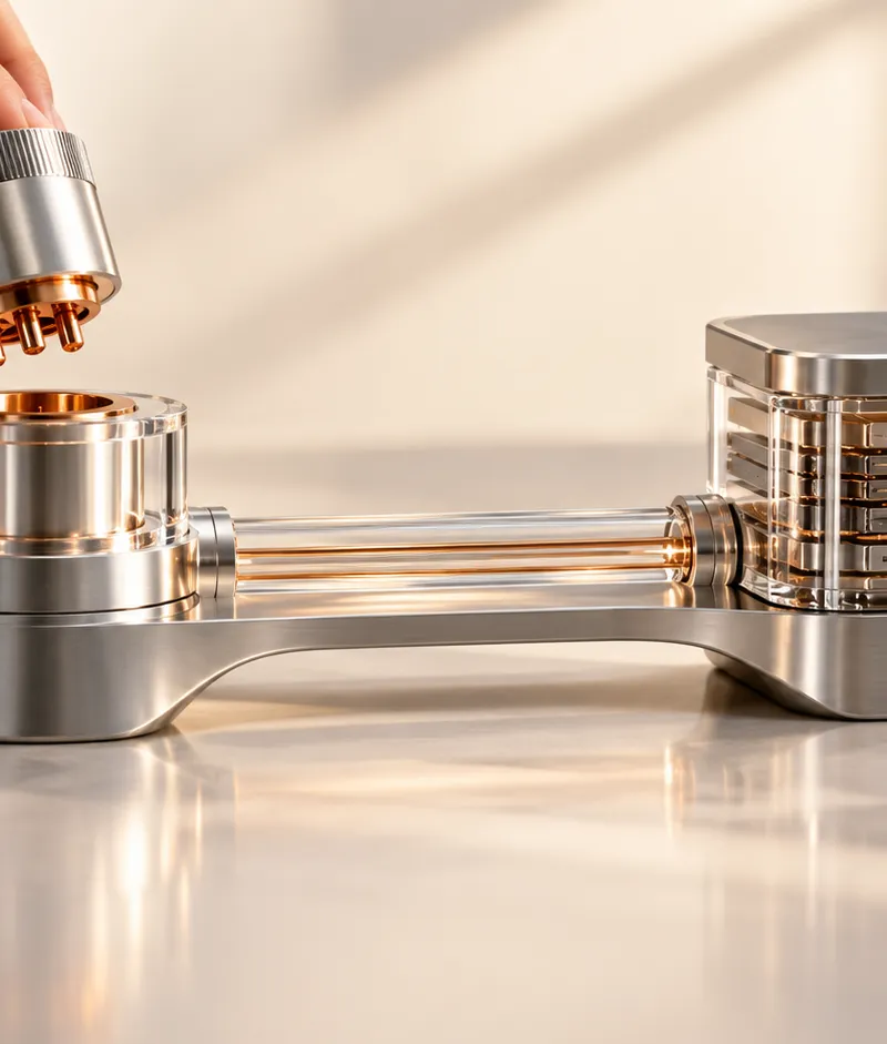 A copper-lined plug held above a silver and clear-glass docking bridge, illustrating an explicit research-to-execution handoff.