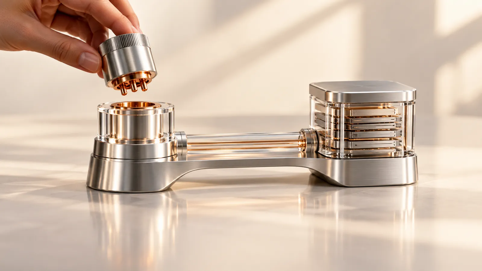 A copper-lined plug held above a silver and clear-glass docking bridge, illustrating an explicit research-to-execution handoff.