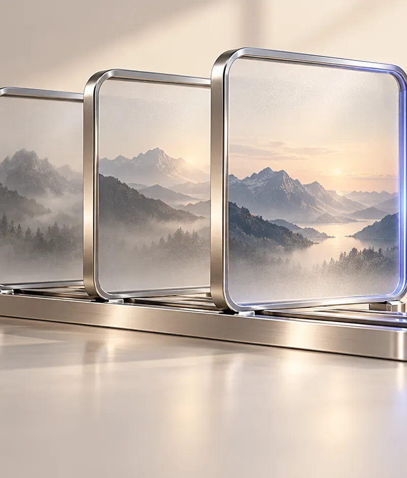 Three overlapping silver window frames on a rail, with a dusty indigo edge on the nearest window, illustrating chronological evaluation.
