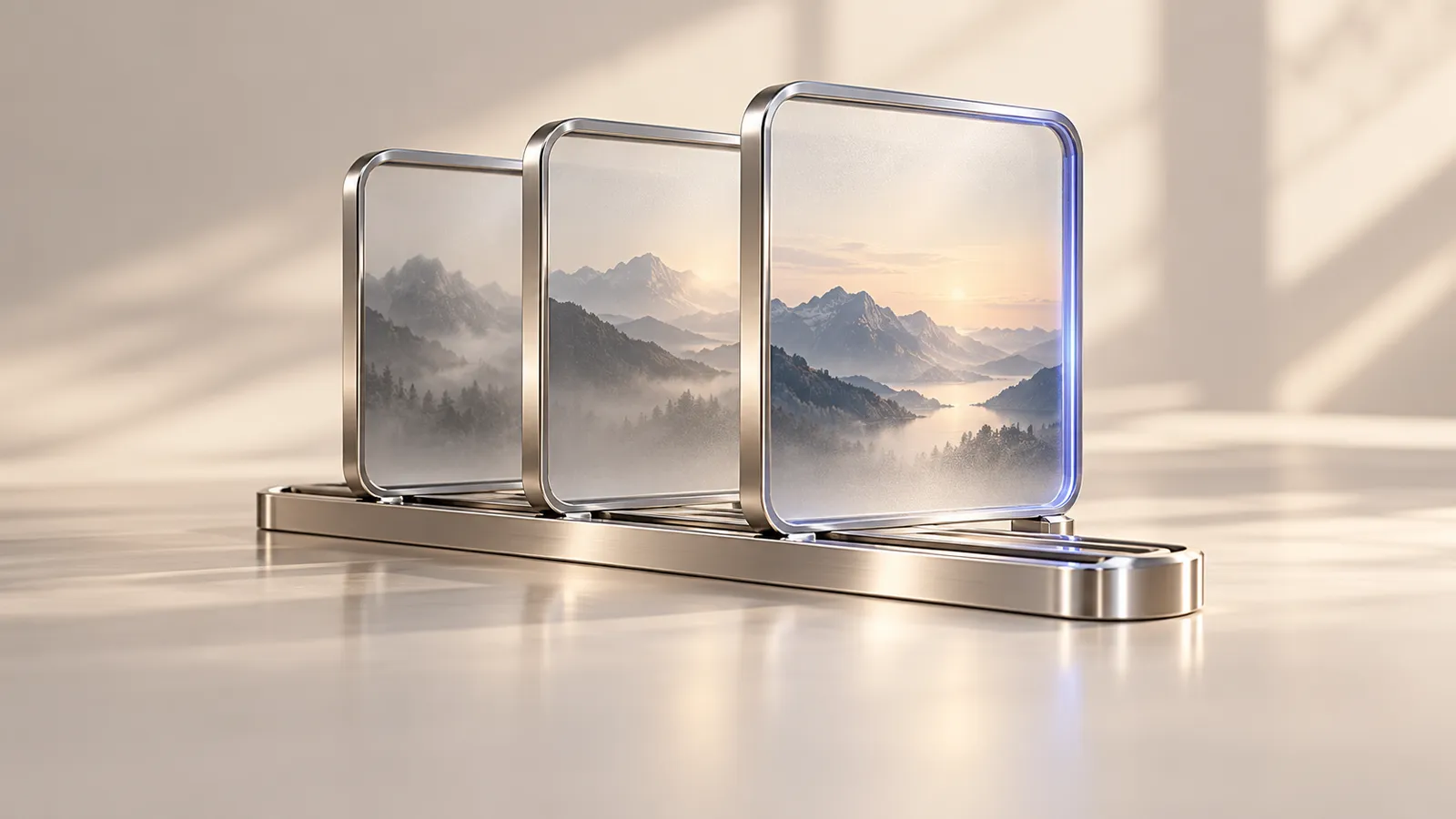 Three overlapping silver window frames on a rail, with a dusty indigo edge on the nearest window, illustrating chronological evaluation.