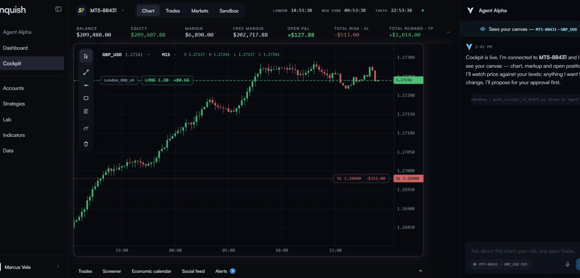 The VCTraderAI cockpit — live chart, account state and Agent Alpha