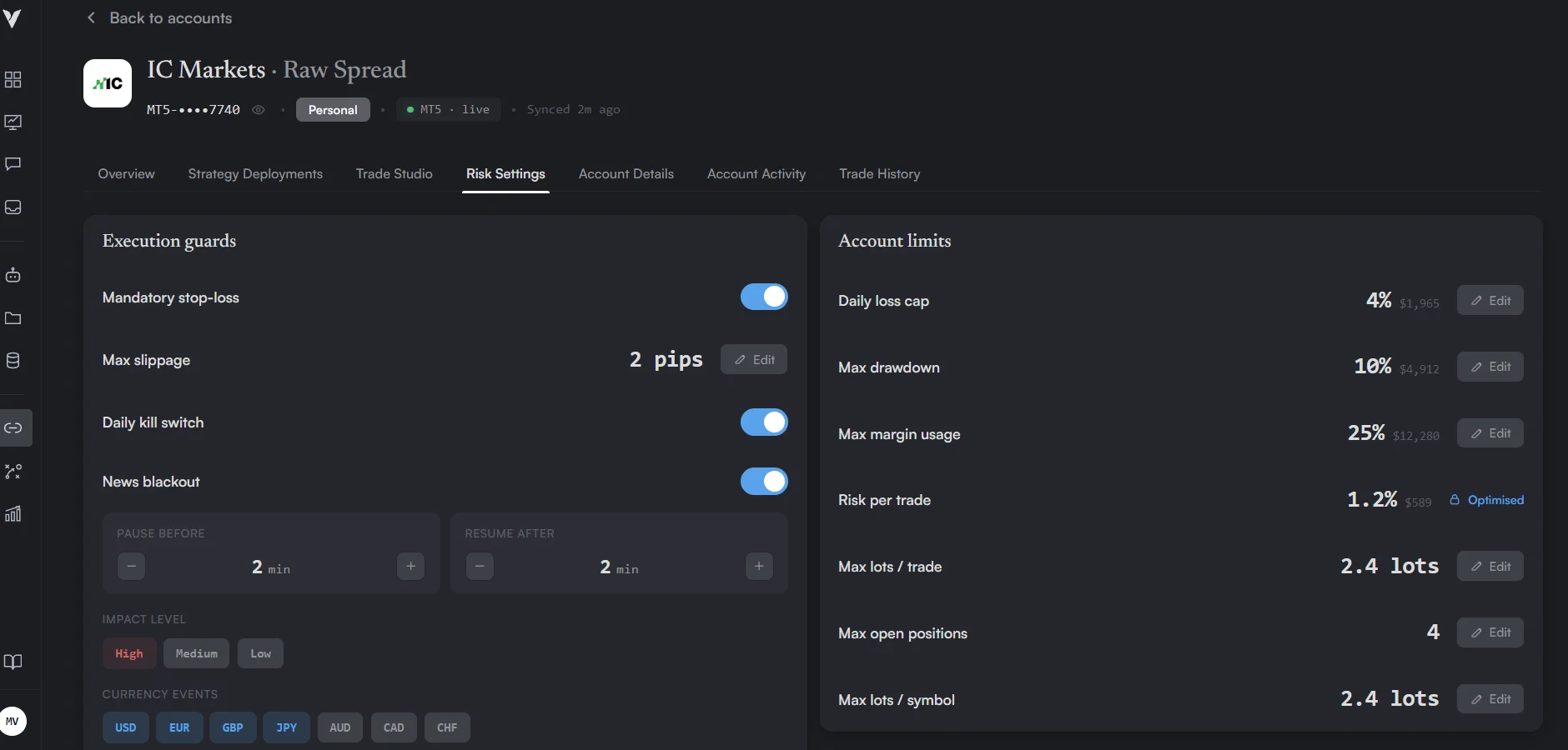 Risk settings — execution guards and account limits